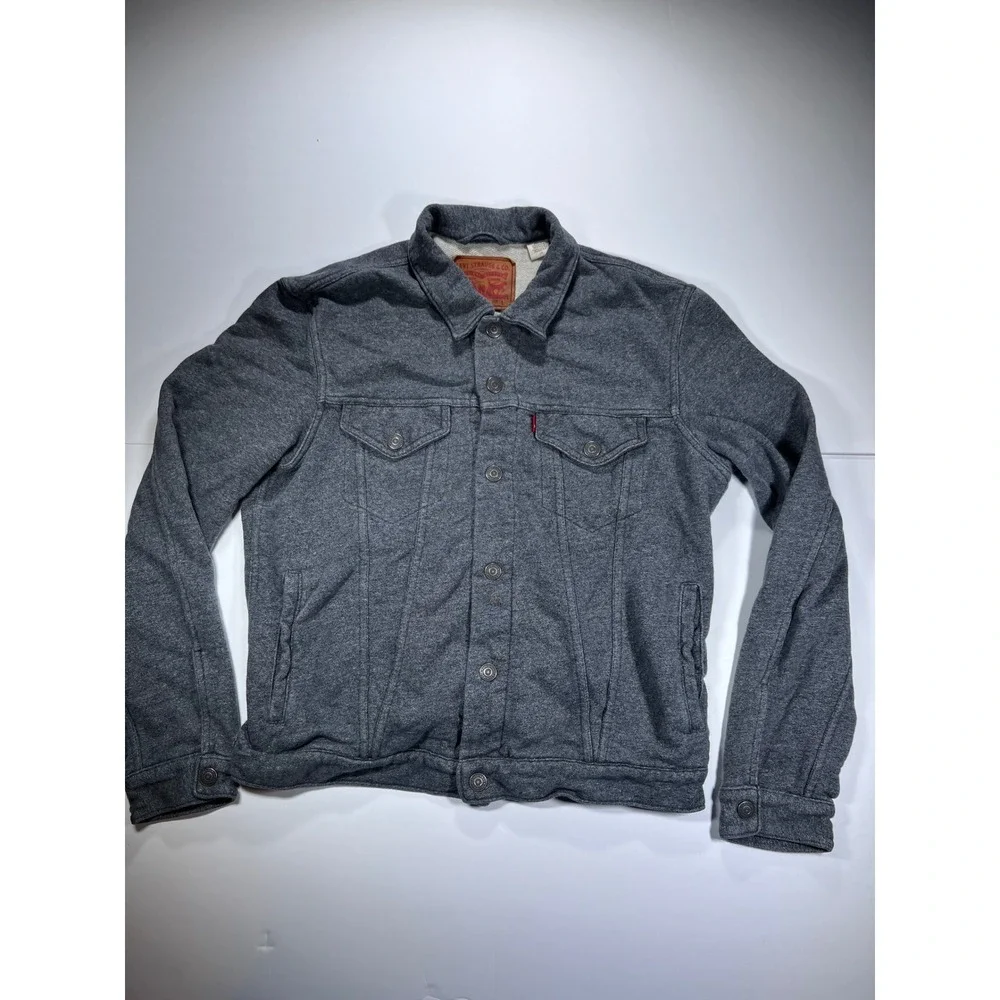 Levi's Trucker Jacket Mens L Gray Jersey Knit Sweatshirt Hybrid Button Up Coat